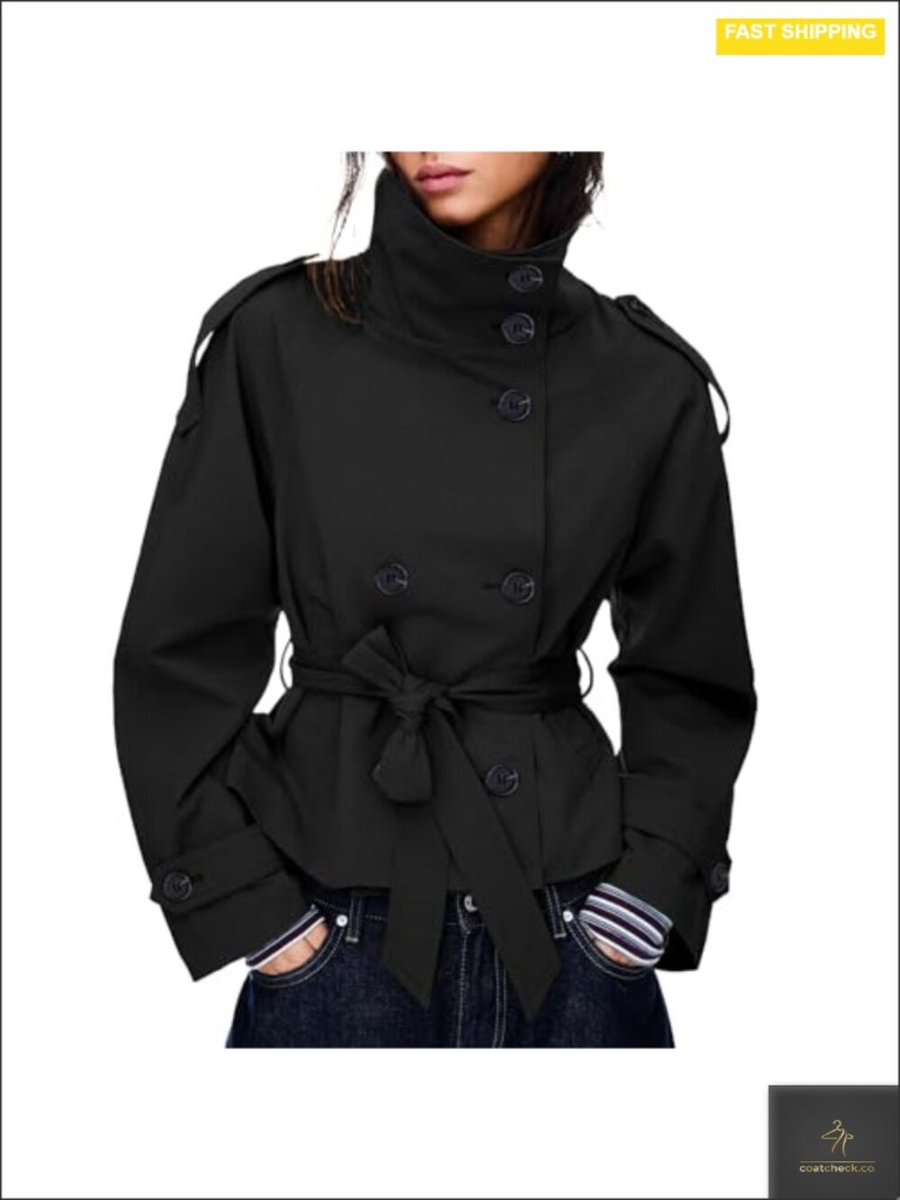 Women's Cropped Trench Coat Double Breasted Short Jacket High Collar Fall
